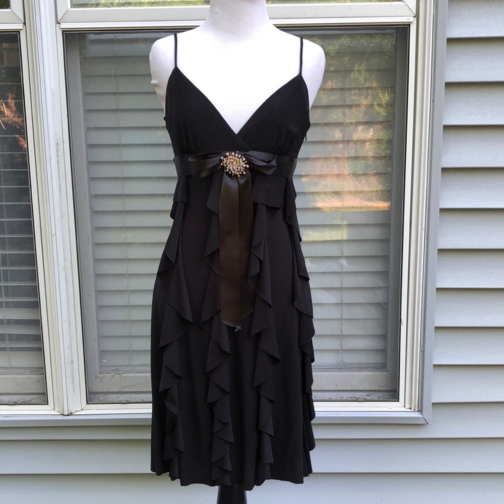 Cache Black Spaghetti Strap Vertical Ruffles 20’s Style Dress size 2
